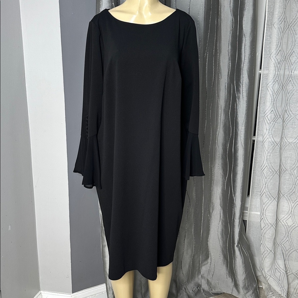 Calvin Klein Women’s Black midi Dress Bell Sleeve Sz 18W Gold Zipper Sheath - Picture 4 of 10
